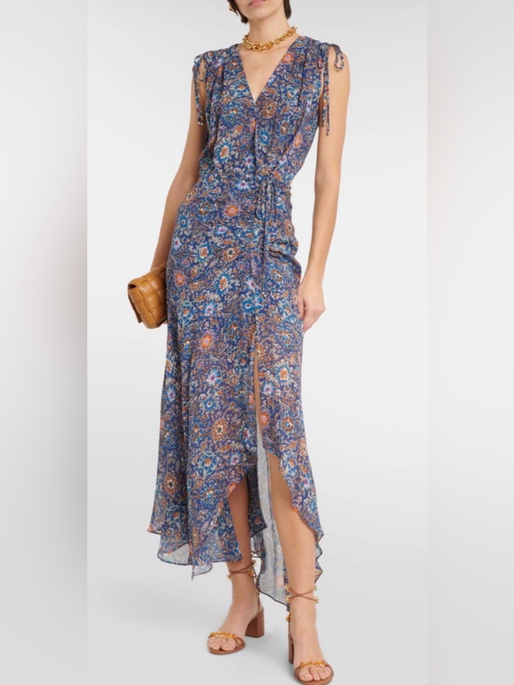 NWT Veronica Beard Dovima 100% Silk Floral Ruched Midi Dress Blue White Sz 4 - Picture 5 of 14